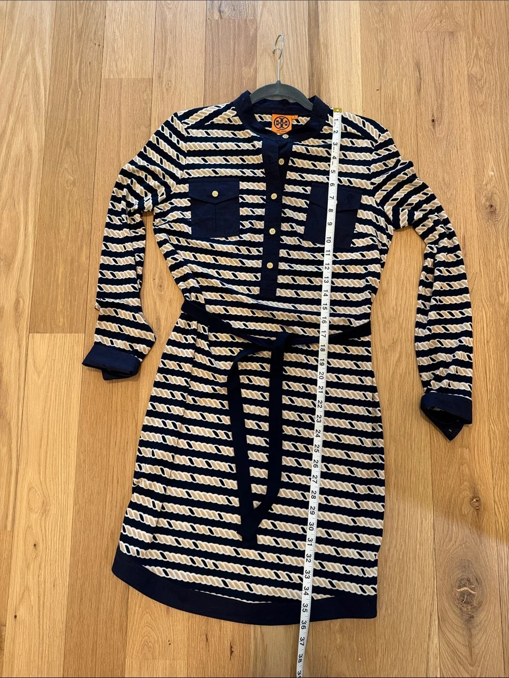 Tory Burch Navy and Cream Rope-Print Long-Sleeve Shirt Dress